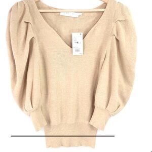 ASTR the label, Tan Puff Sleeve V-Neck Sweater